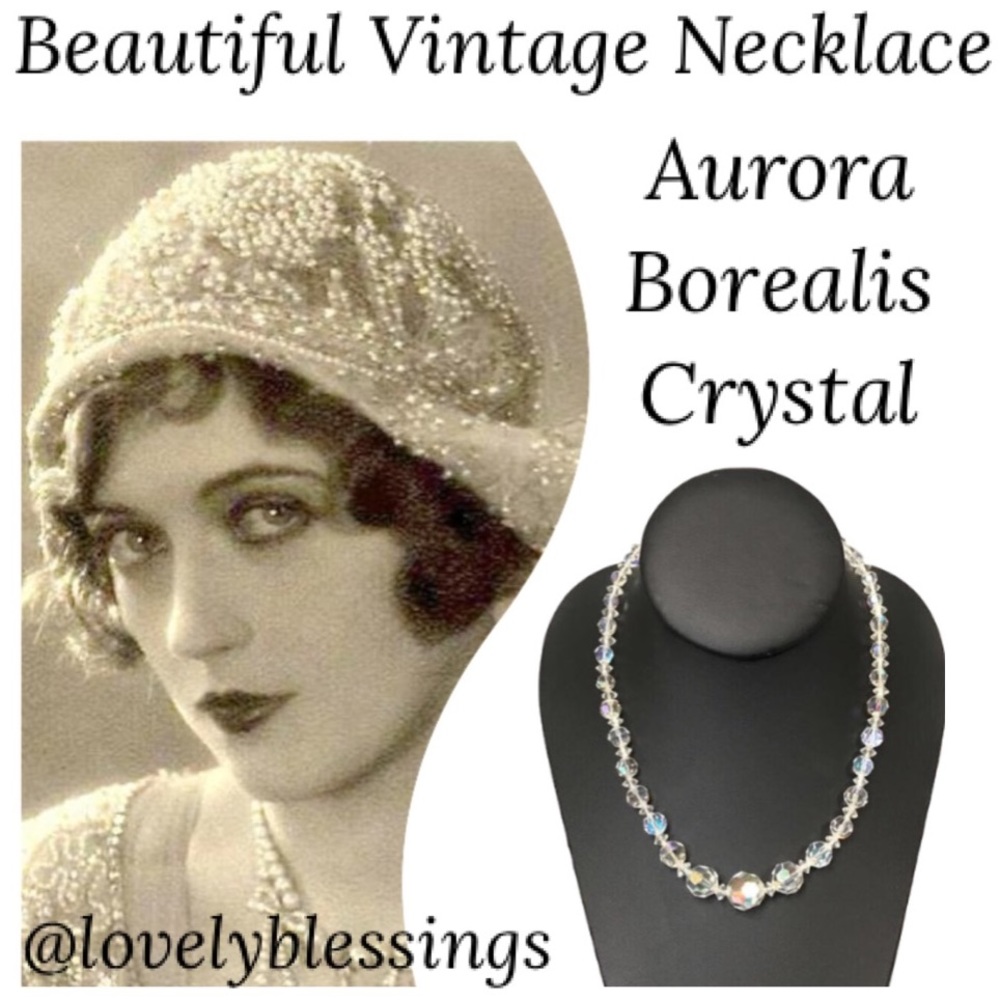 Vintage Crystal Aurora Borealis 1920’s Necklace 16” Iridescent Faceted Crystals